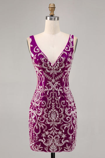 Glittrande Fuchsia pärlstav Bodycon Homecoming Klänning